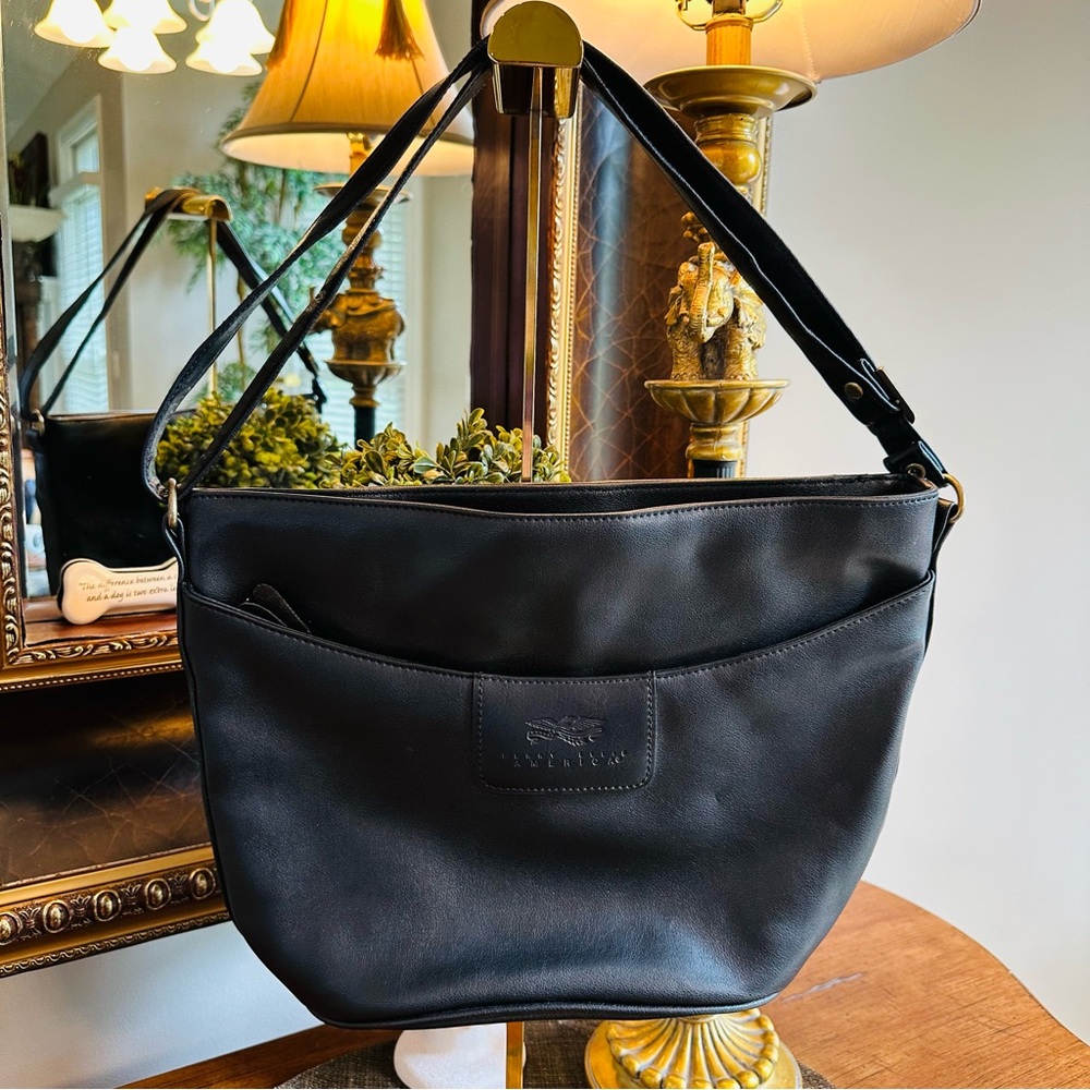 PERRY ELLIS AMERICA BLACK LEATHER BAG NWOT TOP ZIP MUTLI POCKET WOMENS HANDBAG